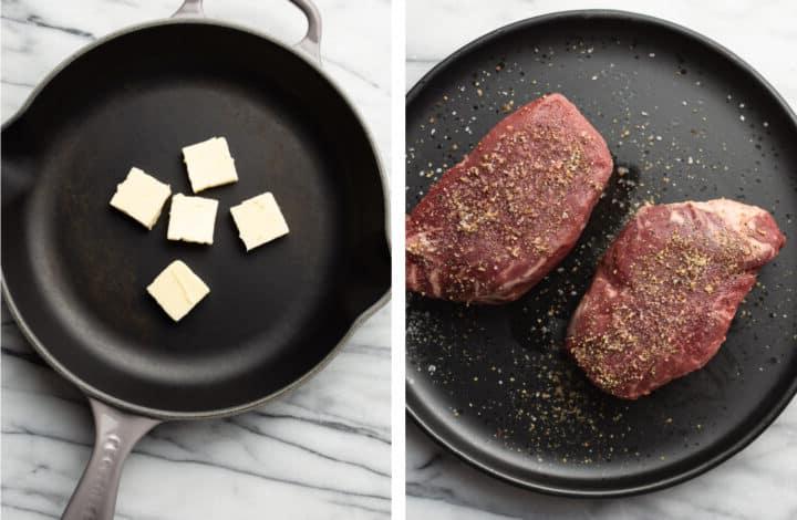 Filet Mignon würzen und Butter in einer Pfanne schmelzen