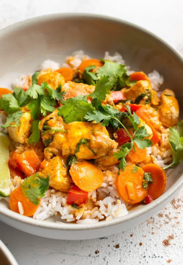 Thailändisches Kokos-Curry-Hähnchen mit Reis im Detail