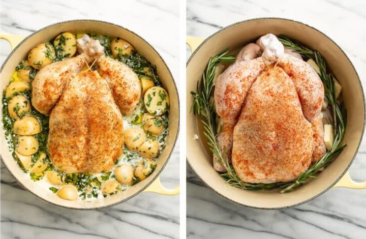 creamy lemon and herb pot roast chicken before and after cooking in a dutch oven