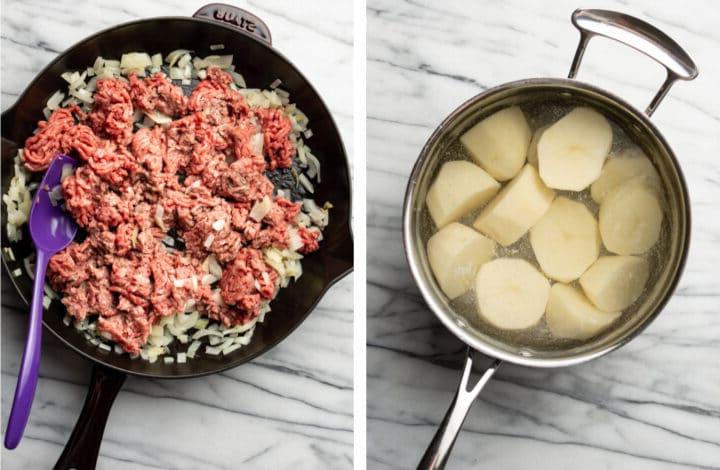Kartoffeln kochen und Rindfleisch für Shepherd's Pie anbraten
