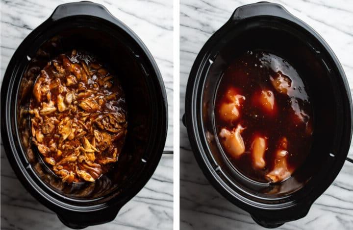 Honig-Knoblauch-Hähnchen im Slow Cooker vor und nach dem Garen