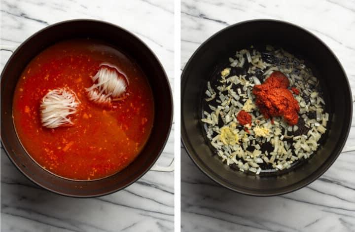 Zwiebeln andünsten und rote Currypaste sowie Brühe in einen Suppentopf geben