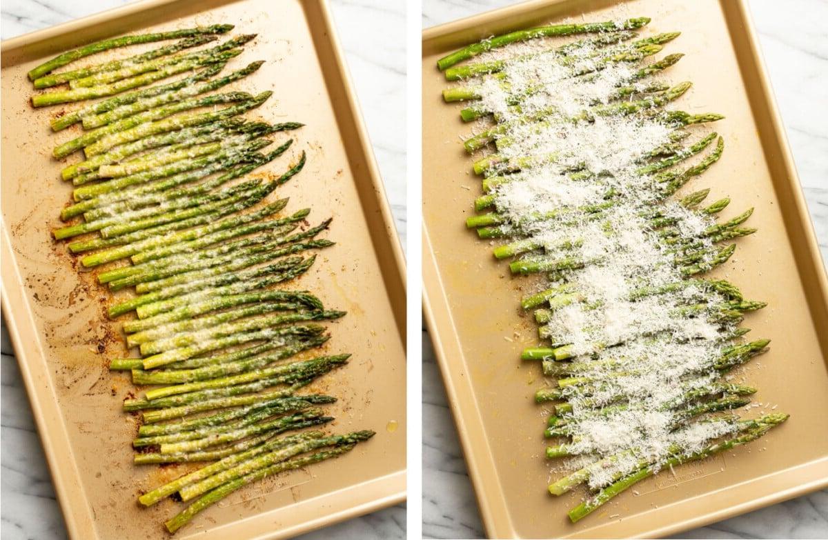 Spargel auf einem Backblech vor und nach dem Rösten
