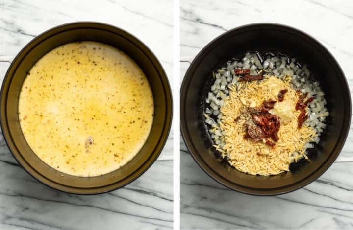Zutaten in einem Suppentopf für Toskana Orzo anbraten und Sahne und Brühe hinzufügen