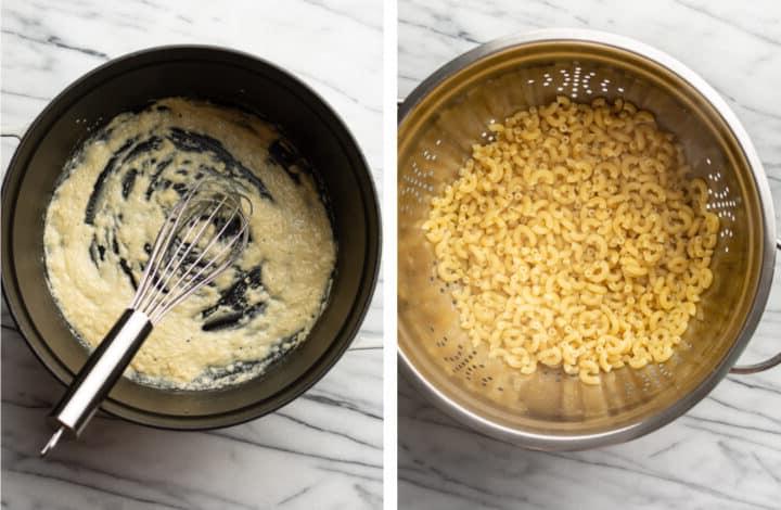 Gebackener Makkaroni-Käse-Auflauf 4 Makkaroni abgießen und eine Mehlschwitze für gebackenes Mac and Cheese zubereiten