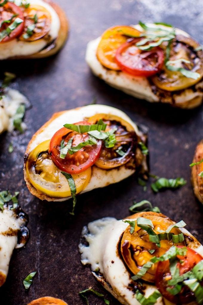 close-up of balsamic Caprese crostini appetizer