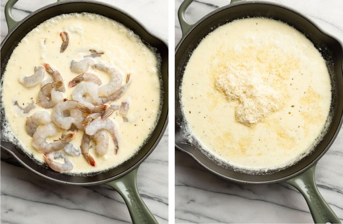 Parmesan zu einer Pfanne mit Nudelsauce geben und Garnelen kochen