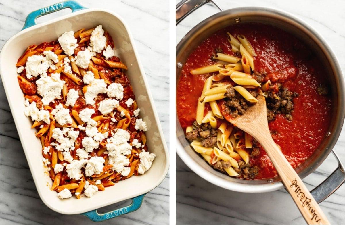 Pasta und Sauce in einem Topf mischen und in eine Auflaufform für Mostaccioli geben