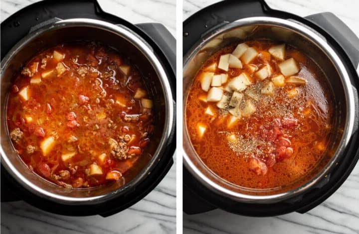 Brühe und Tomaten für Hamburger Suppe im Instant Pot hinzufügen