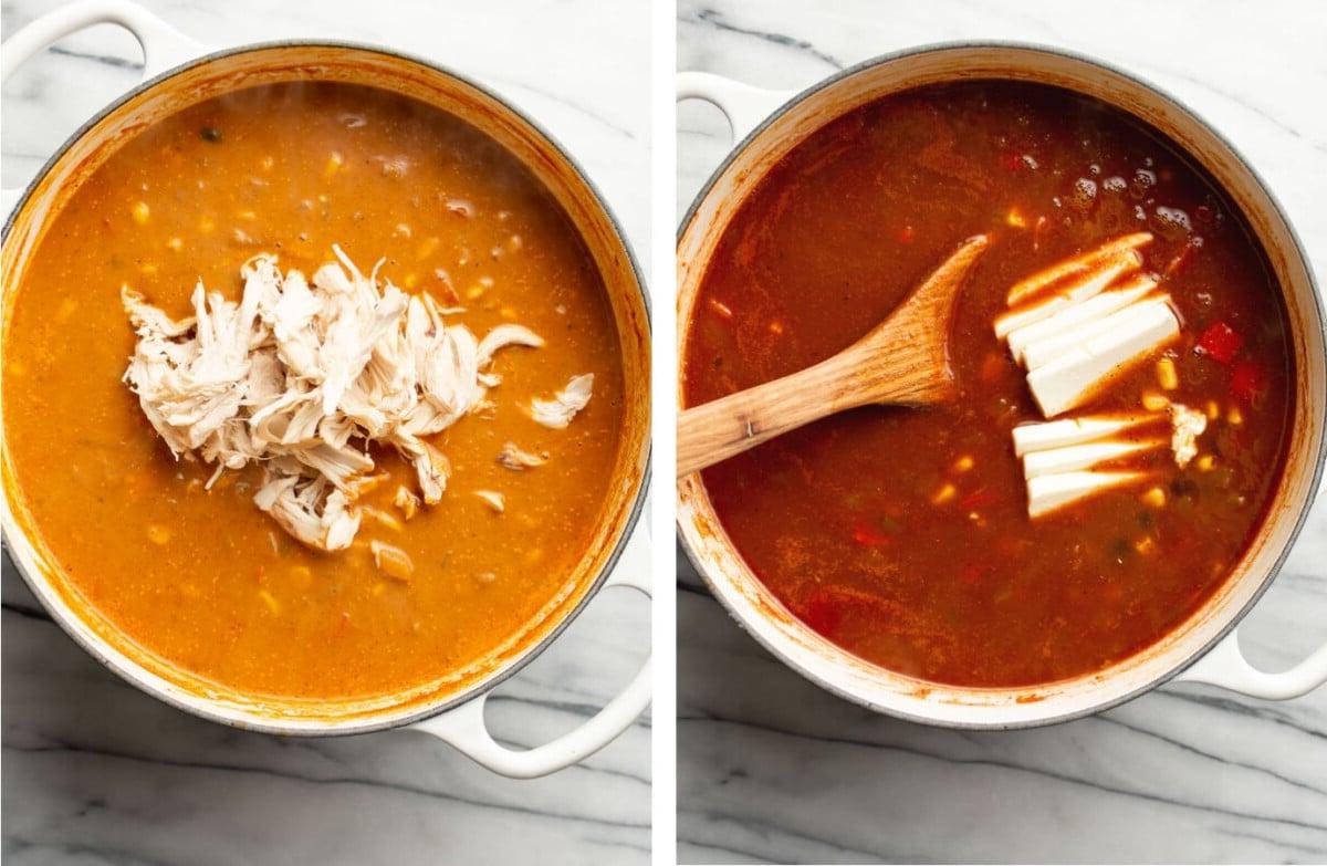 Frischkäse und Hähnchen in einen Topf mit Enchilada-Suppe rühren