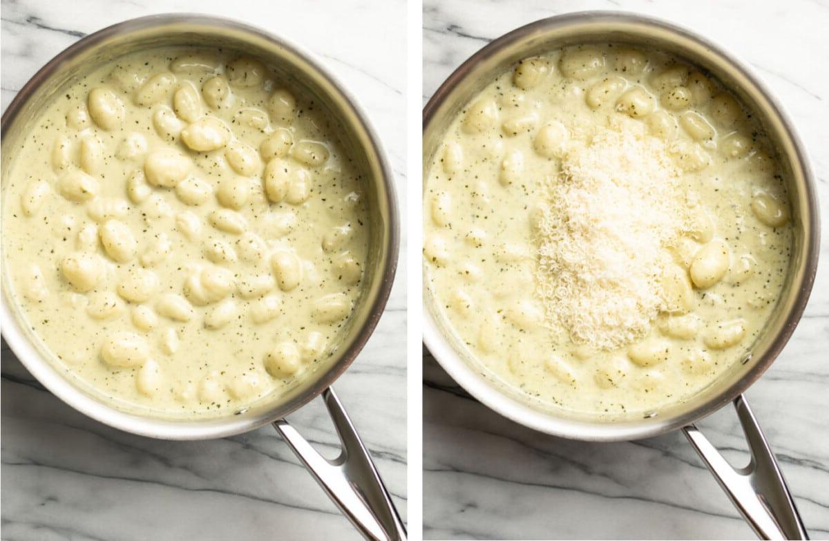 Zugabe von Parmesan zu den cremigen Pesto Gnocchi in der Pfanne und umrühren.