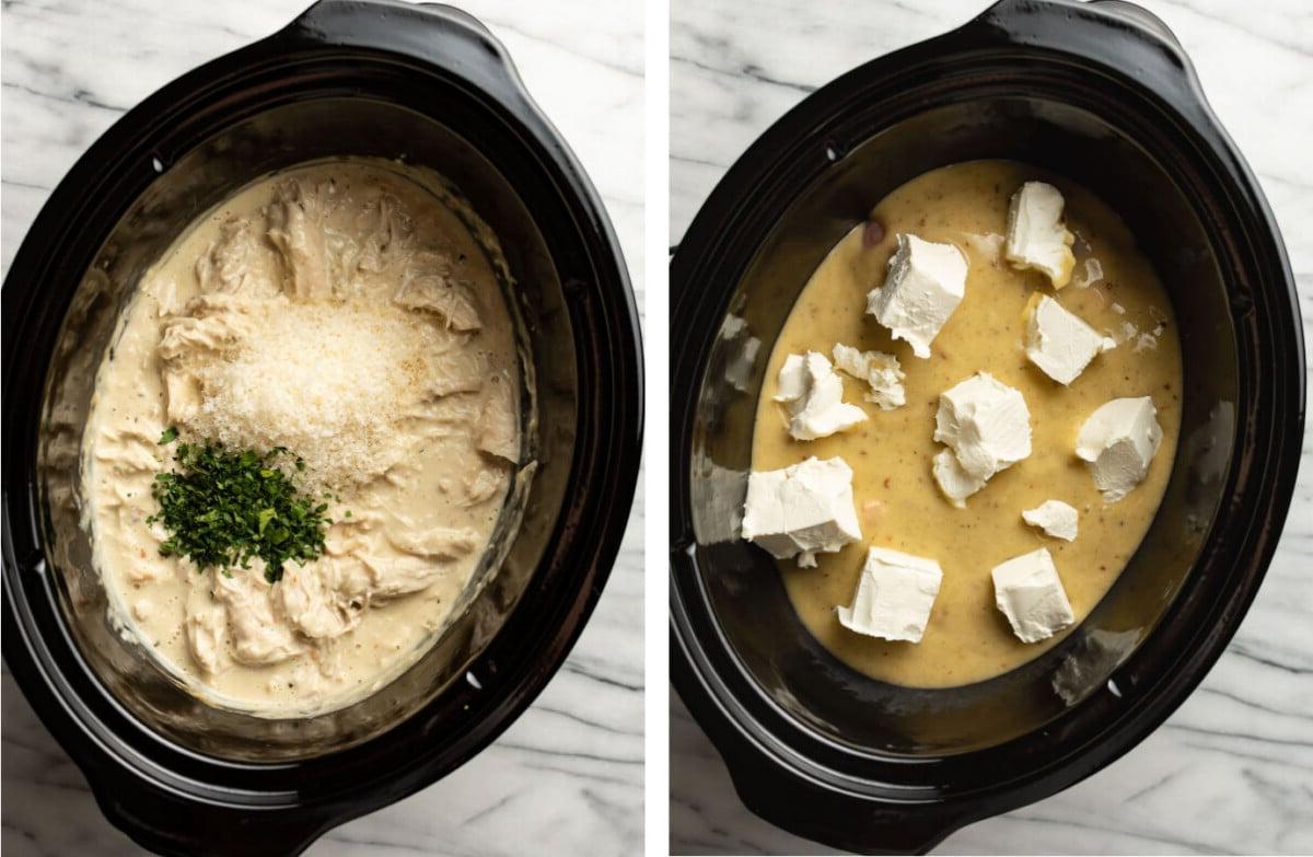 Crockpot italienisches Hähnchen vor und nach dem Kochen