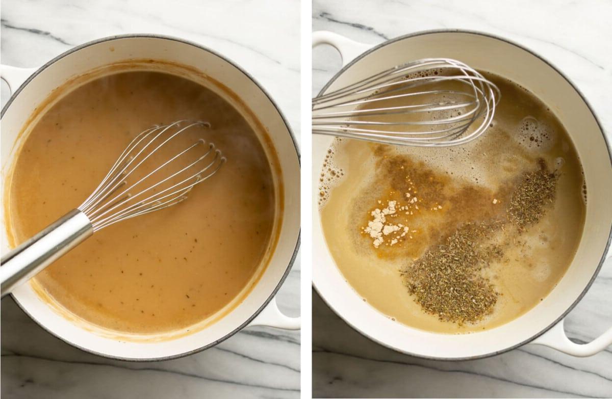 whisking seasoning into a pot with brown gravy