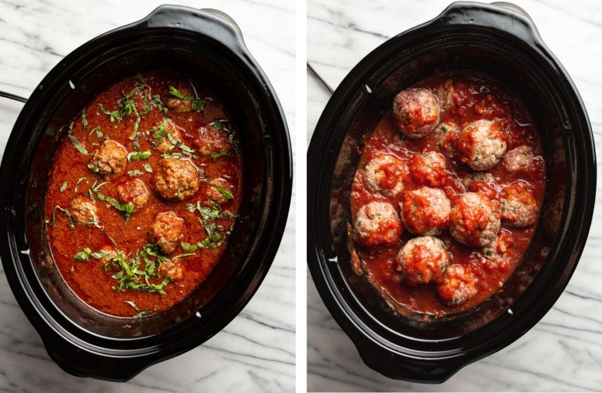 Hackbällchen und Tomatensauce in einem Slow Cooker vor und nach dem Kochen