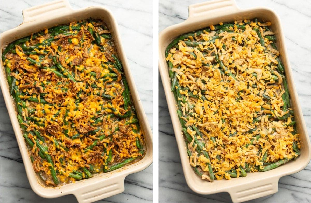 Frischer grüner Bohnenauflauf vor und nach dem Backen
