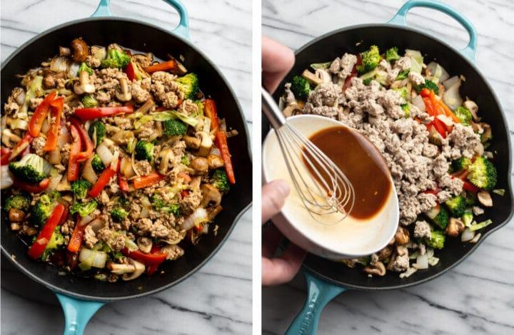 **Putenhack-Pfanne** 5 Hinzufügen der hausgemachten Sauce zur Putenhackpfanne und Kochen bis zur Perfektion