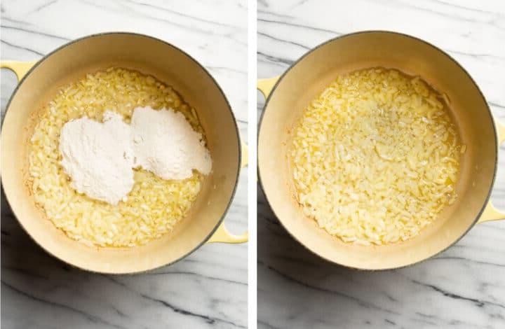 Leichte Brokkoli-Cheddar-Suppe 5 Zwiebel und Knoblauch anbraten und Mehl in einen Suppentopf für Brokkoli Cheddar Suppe geben