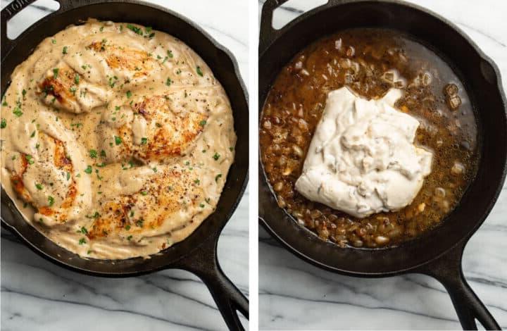 **Pilzrahm-Hähnchen aus der Pfanne** 5 Kondenssuppe in eine Pfanne geben, um eine Soße für Hähnchen zuzubereiten.