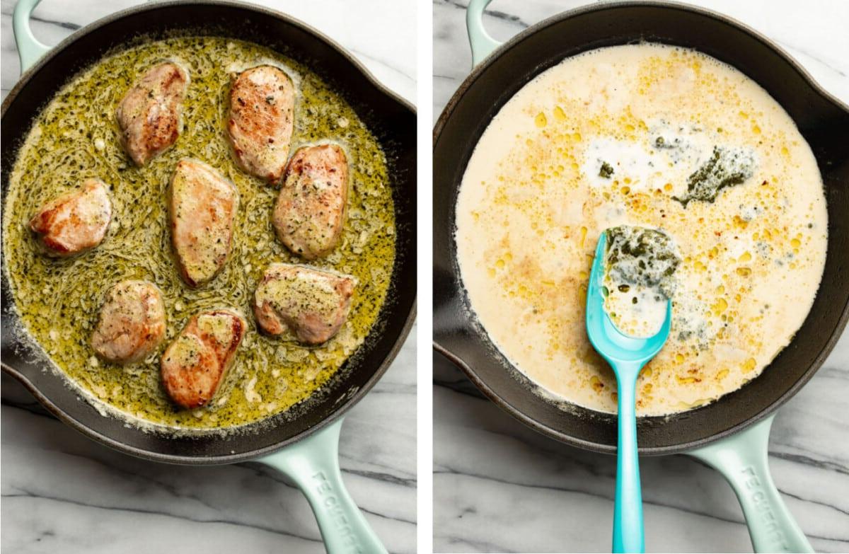 Pesto-Schweinefilet 5 Sauce für Pesto-Schweinefilet zubereiten und Schweinefleisch in die Pfanne geben