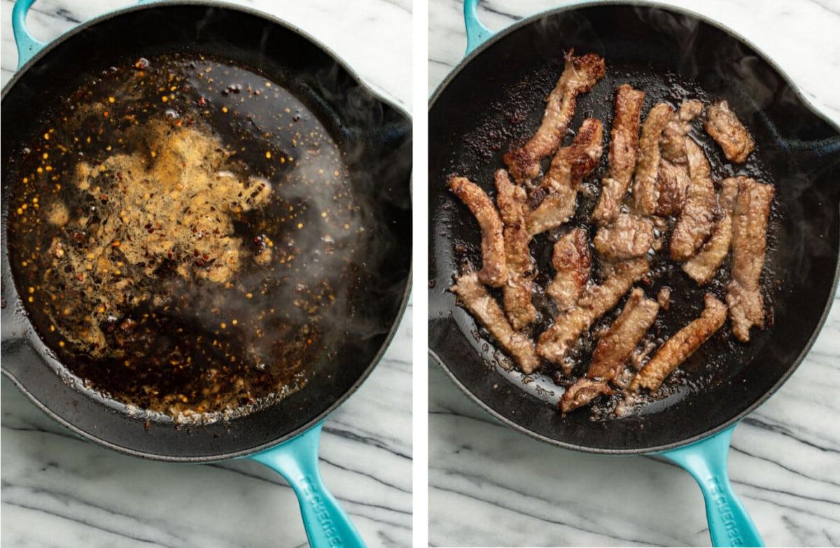 Einfaches mongolisches Rindfleisch 5 Steak in einer Pfanne für mongolisches Rindfleisch kochen und Sauce hinzufügen