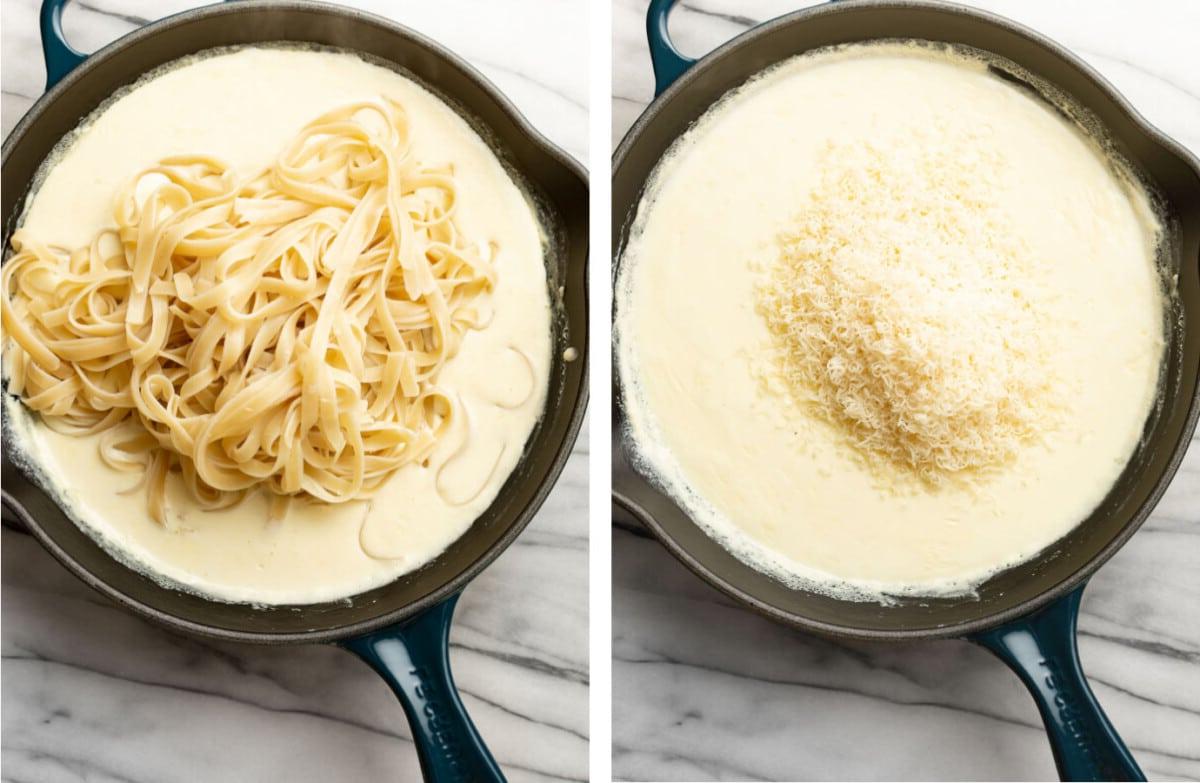 **Schnelle und einfache Alfredo-Soße** 5 melting parmesan into a skillet with alfredo sauce and tossing with fettuccine