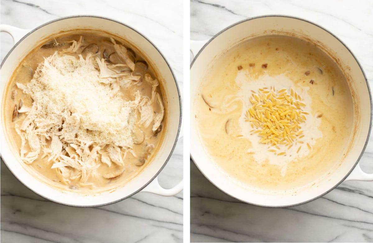 Hähnchen Marsala Orzo 5 Sahne, Hähnchen und Orzo in einen Topf geben und mit Parmesan bestreuen