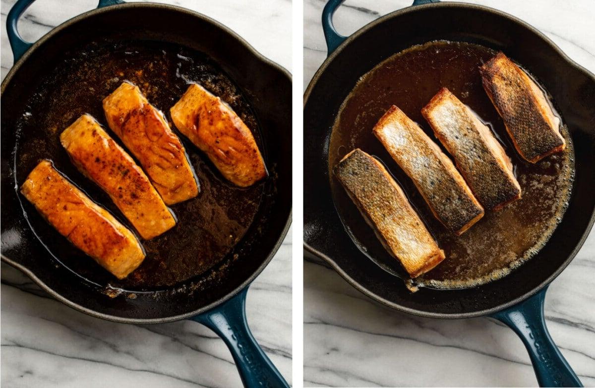 **Ahorn-glasierter Lachs** 5 Ahorn glasierter Lachs in einer Pfanne vor und nach dem Kochen