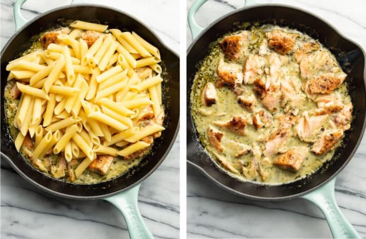 Lachs-Pesto-Pasta 5 Lachs in einer Pfanne in Stücke brechen und mit Penne vermischen, um Lachs Pesto Pasta zuzubereiten