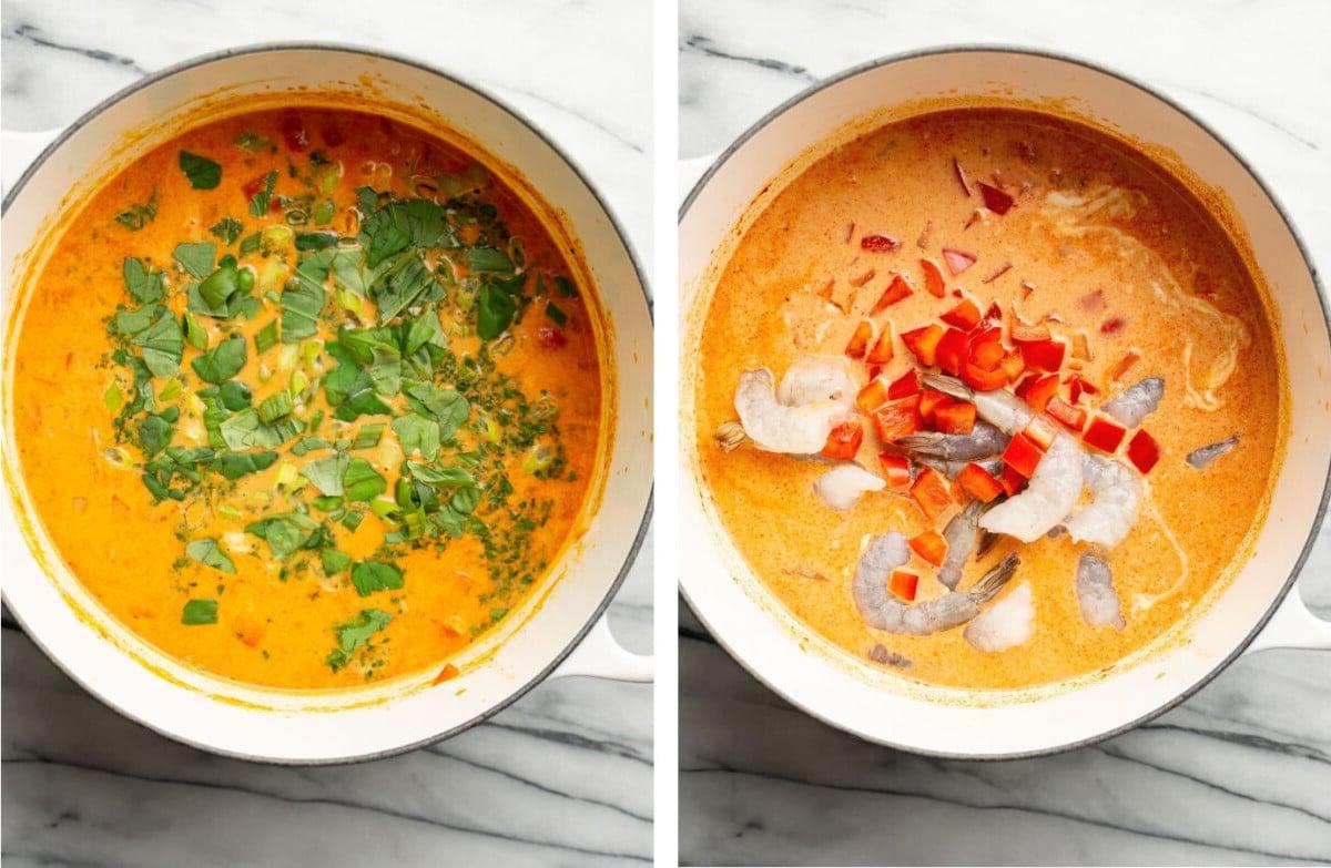 Einfaches Thai-Garnelen-Curry 5 Garnelen, Kokosmilch und frische Kräuter zu einem Topf mit Thai Garnelen Curry hinzufügen