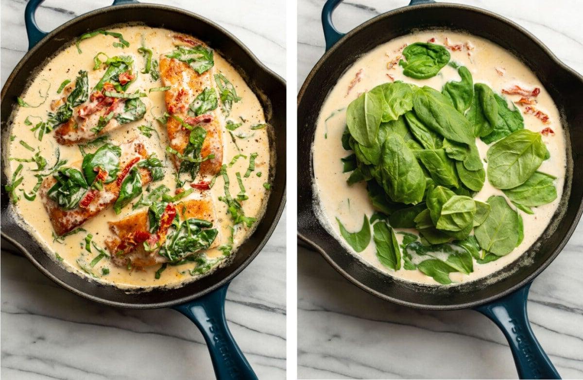 Spinat in eine Pfanne mit cremiger Toskana-Lachs-Sauce geben