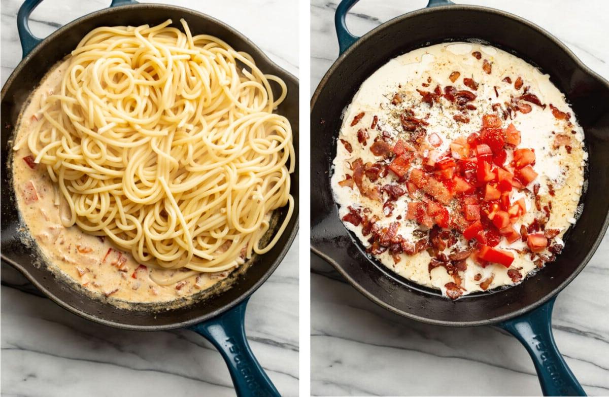 Einfache Cremige Speck-Tomaten-Nudeln 5 Sahne und Tomaten in eine Pfanne geben, um Soße zuzubereiten und mit Pasta zu vermischen