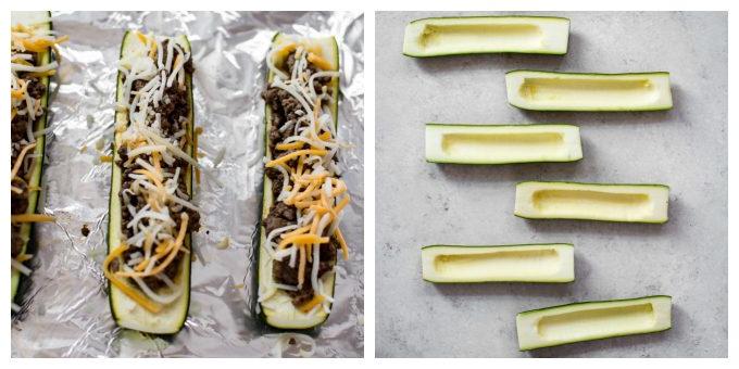 Zucchini-Boote, bereit für den Ofen, als Prozessaufnahme.