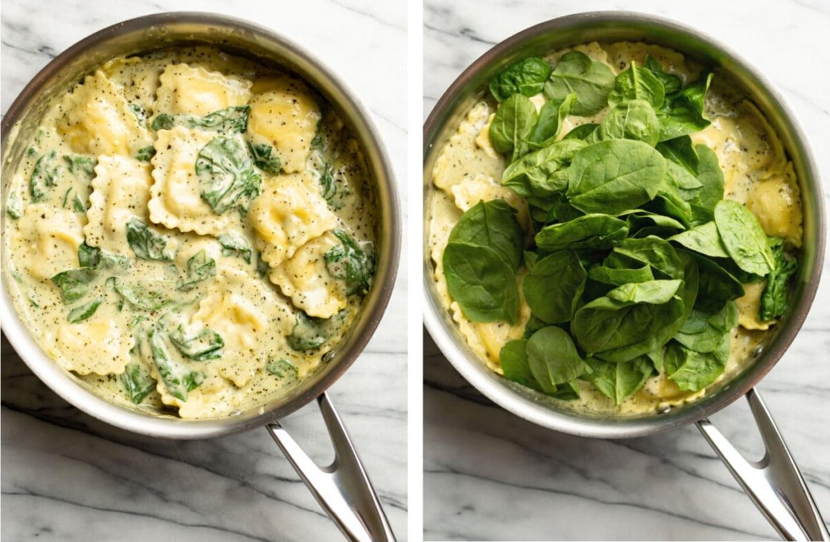Cremige Pesto Ravioli in einer Pfanne vor und nach dem Welken des Spinats