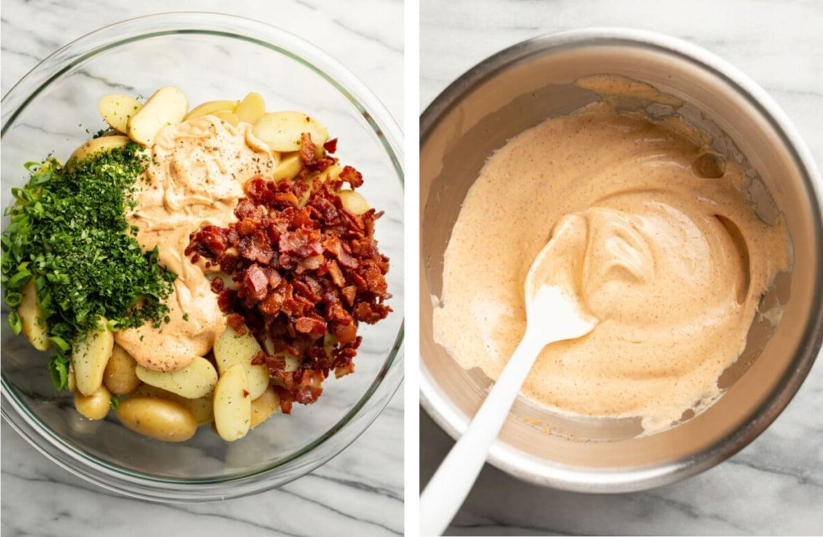 Cremiges Speck-Dressing in einer Vorbereitungsschüssel mischen und mit Kartoffelsalat in einer Salatschüssel vermengen