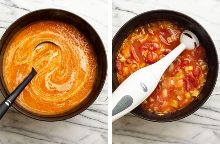 Abschließende Schritte der Suppenzubereitung: Suppe mit einem Stabmixer pürieren und Sahne einrühren