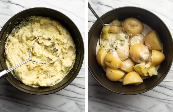 Boursin Kartoffelpüree in einem Topf vor und nach dem Zerdrücken
