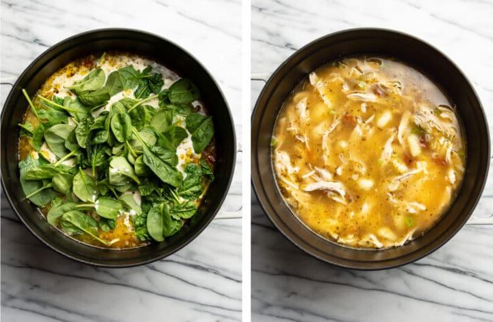 Brühe, Hähnchen und Spinat in einen Dutch Oven geben