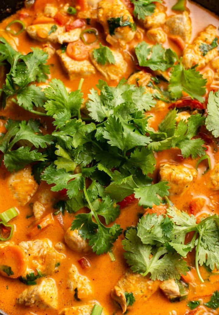 Nahaufnahme von rotem Thai-Hähnchen-Curry