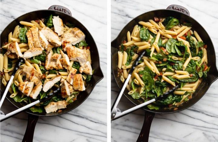 Ranch-Hähnchen-Pasta mit frischen Tomaten und Spinat 5 Penne und Hähnchen in der Pfanne vermengen, um die Ranch Hähnchen Pasta fertigzustellen