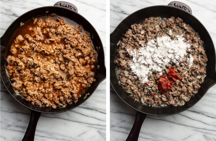 Gewürze zum Rinderhackfleisch in einer Pfanne für Shepherd's Pie geben