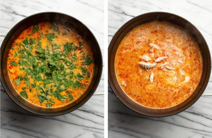 Thai Hähnchen-Curry-Suppe köcheln lassen und frische Kräuter hinzufügen
