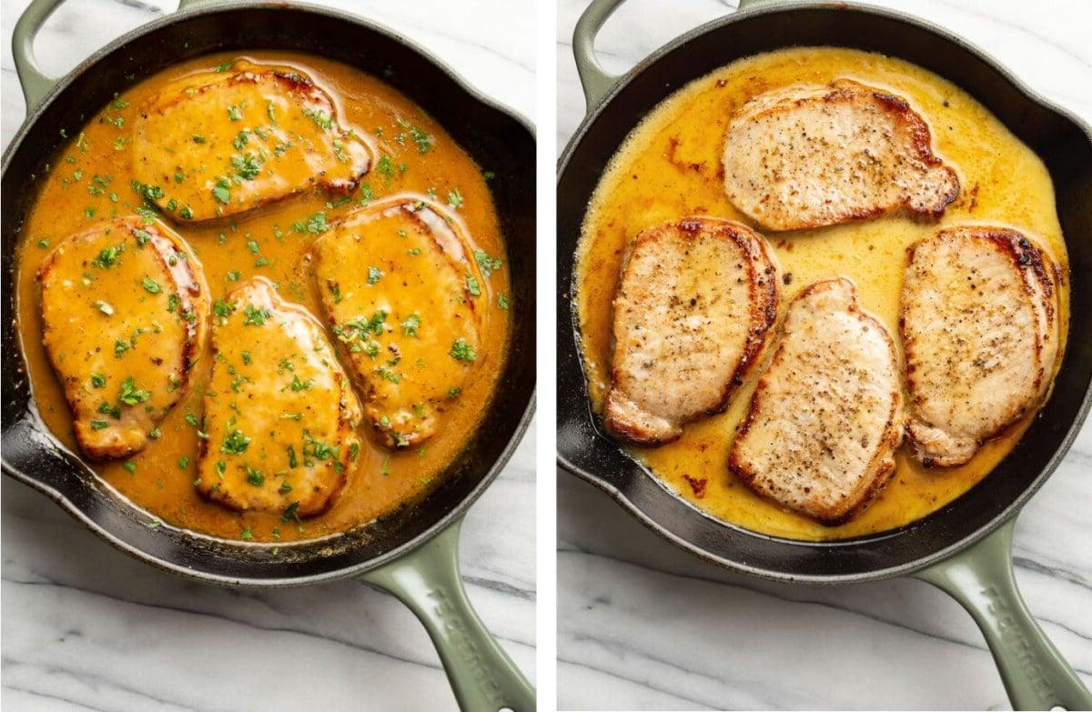 Eine Pfanne mit Honig-Senf-Schweinekoteletts vor und nach dem Kochen