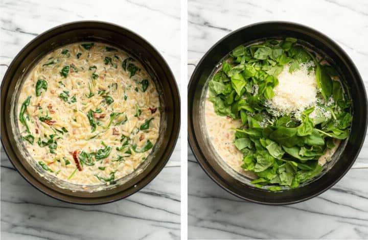 Spinat, Basilikum und Parmesan in einen Suppentopf mit cremigem Toskana Orzo geben