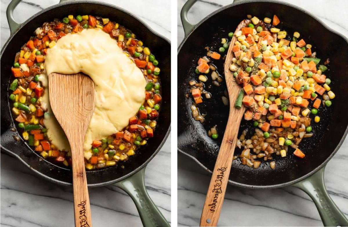 Hähnchencremesuppe mit Hähnchenbrust 5 Gemüse in einer Pfanne kochen und Kondens-Hühnersuppe hinzufügen, um eine Soße zu machen