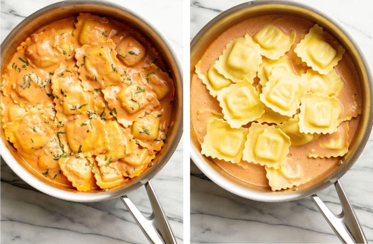 Ravioli mit Wodka 5 Ravioli in eine Pfanne mit Wodka-Sauce geben und köcheln lassen
