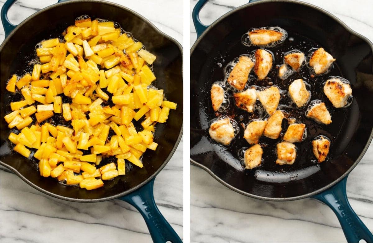 Hähnchen in einer Pfanne anbraten und Ananas im Wok braten