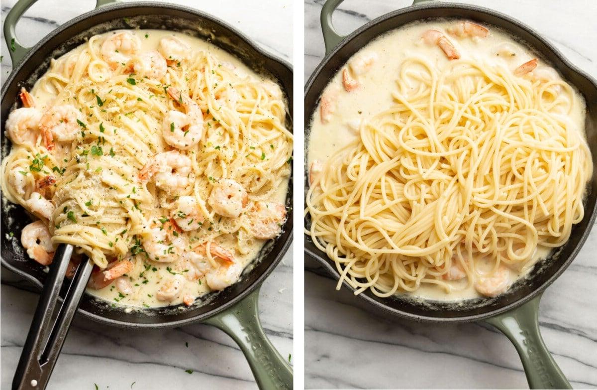 Spaghetti und Garnelen mit cremiger Zitronensauce in einer Pfanne mit Kochzangen vermischen