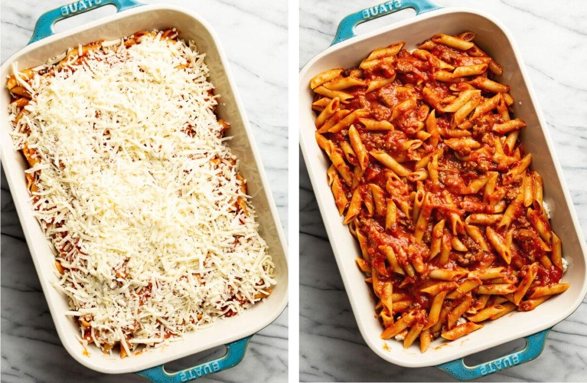 Auflaufform mit Mostaccioli mit Mozzarella-Käse belegen
