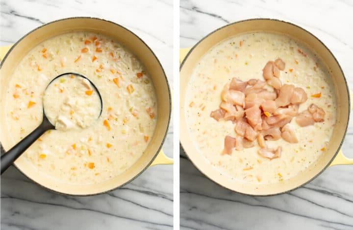 Cremige Hühner-Reis-Suppe 6 Hähnchen-Reis-Suppe vor und nach dem Kochen.