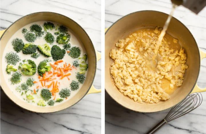 Leichte Brokkoli-Cheddar-Suppe 6 Brühe, Karotten, Sahne und Brokkoli in einen Suppentopf geben